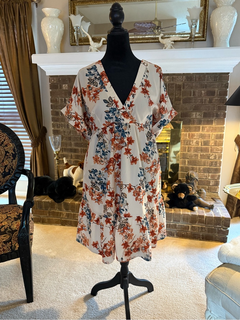 SHEIN Cream Midi Dress with Rust & Teal Floral Print